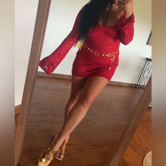 Red Lace Off-Shoulder Dress - Picture 1 of 6